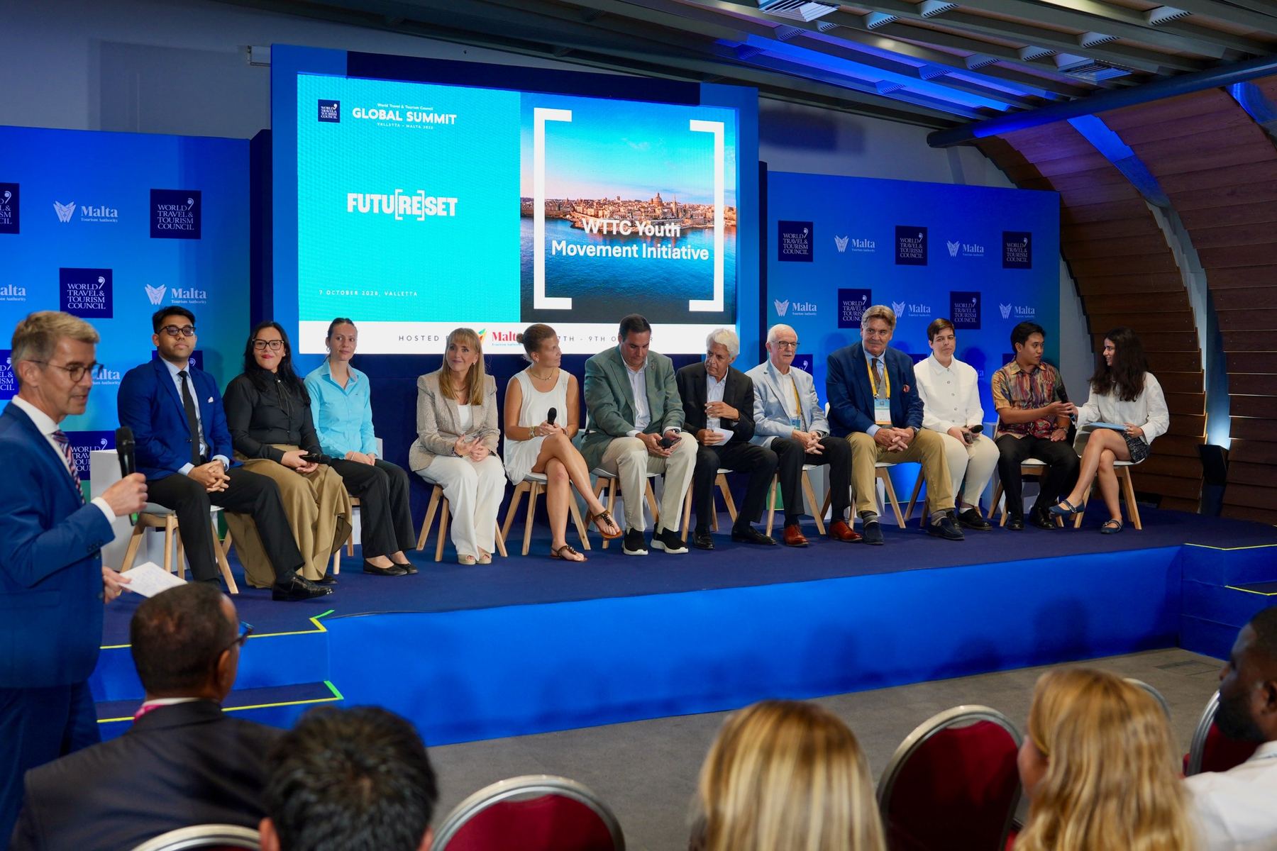 Students and industry leaders on stage at the WTTC Youth Movement Initiative session